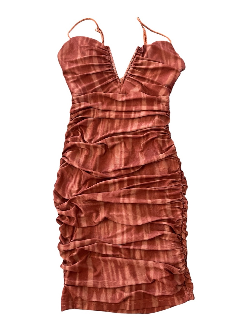Saints + Secrets Rust Orange Ruched Bodycon V-Neck Mini Dress S